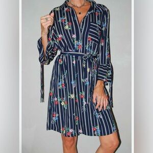 Skies Are Blue Floral Striped Belted Dress, size M, Cuff Ties, Button Up Mini